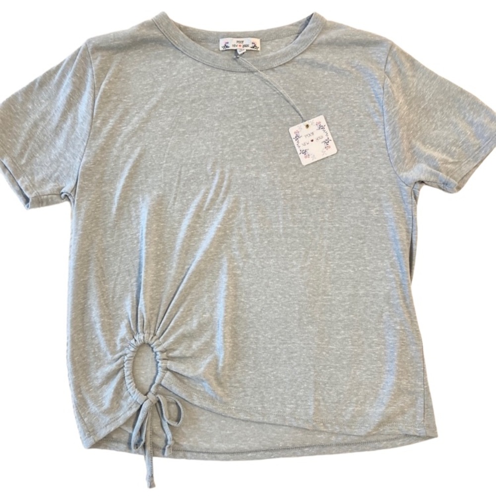 Poof New York tie front heather gray grey short sleeve top size large L NWT